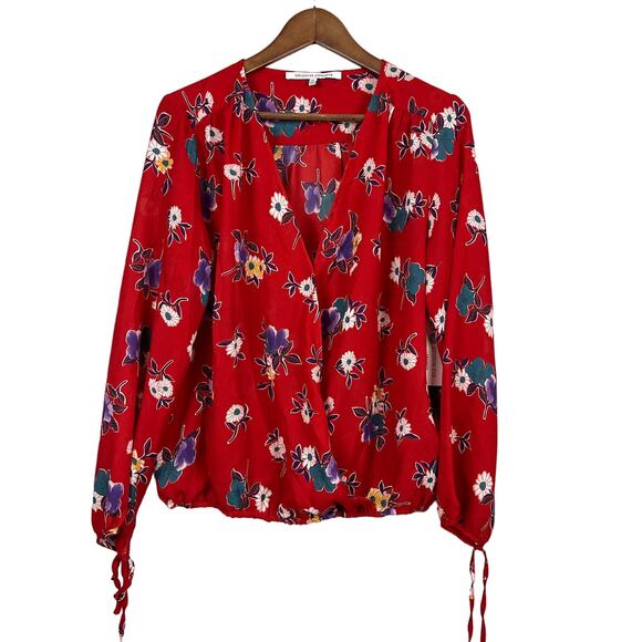 Collective Concepts Deep V Blouse Semi Sheer Floral Print Tie Sleeve - XL - Picture 1 of 5